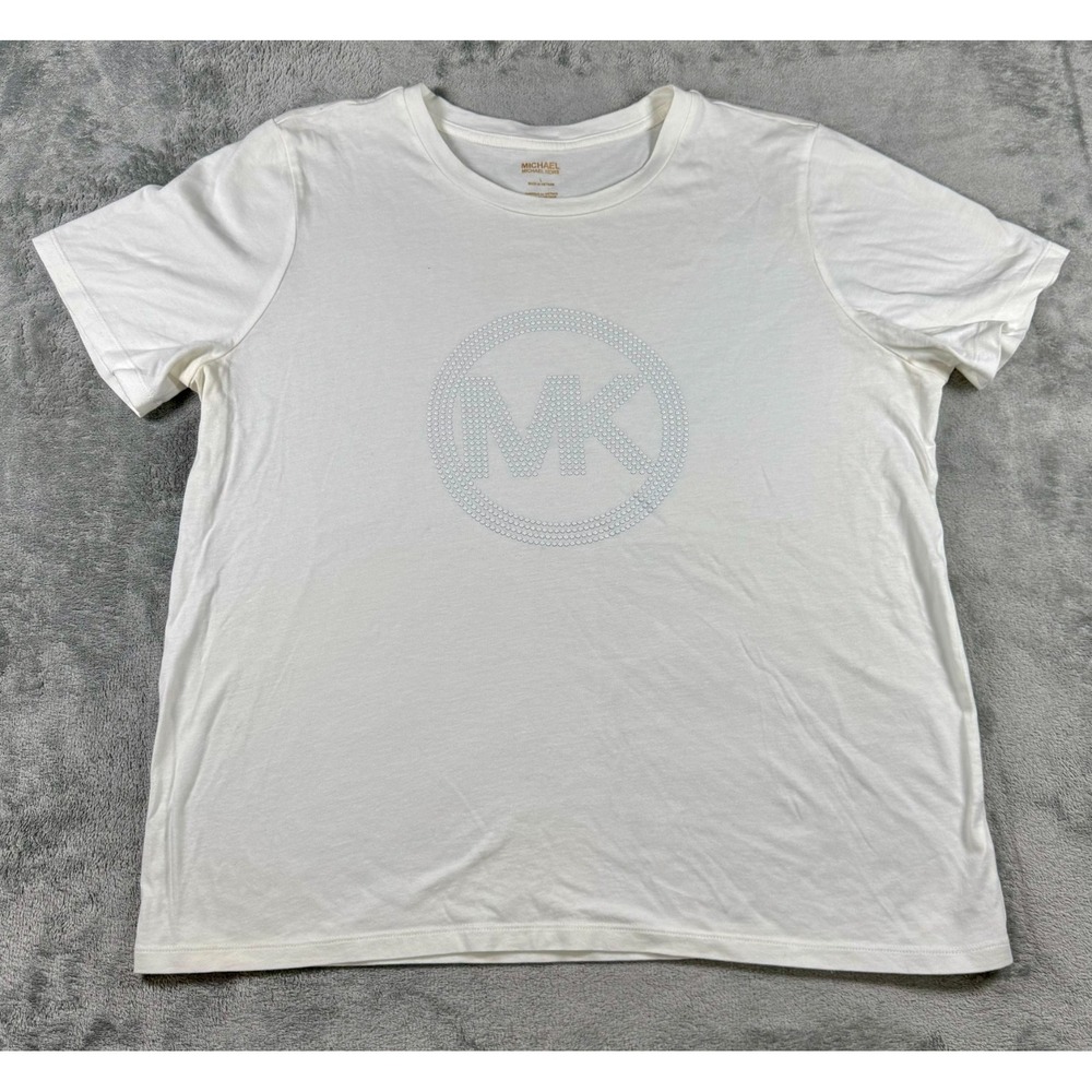 Michael Kors Women's T-Shirt White MK Logo Rhinestones Short Sleeve L